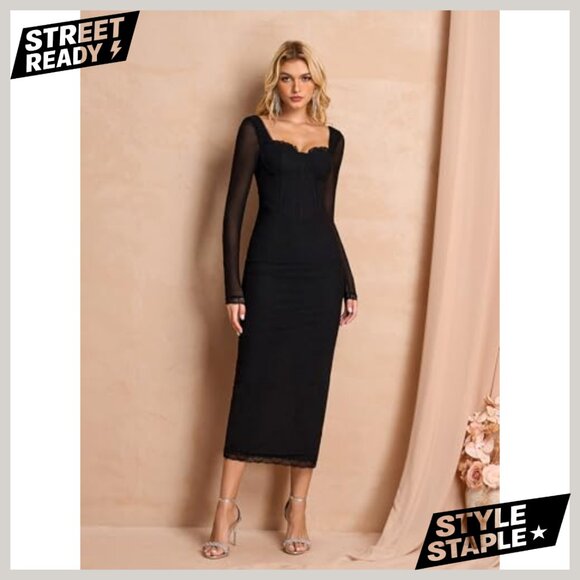 Long Sleeve Lace Corset Bodycon Dress with Back Slit for Formal Occasions - Picture 6 of 6